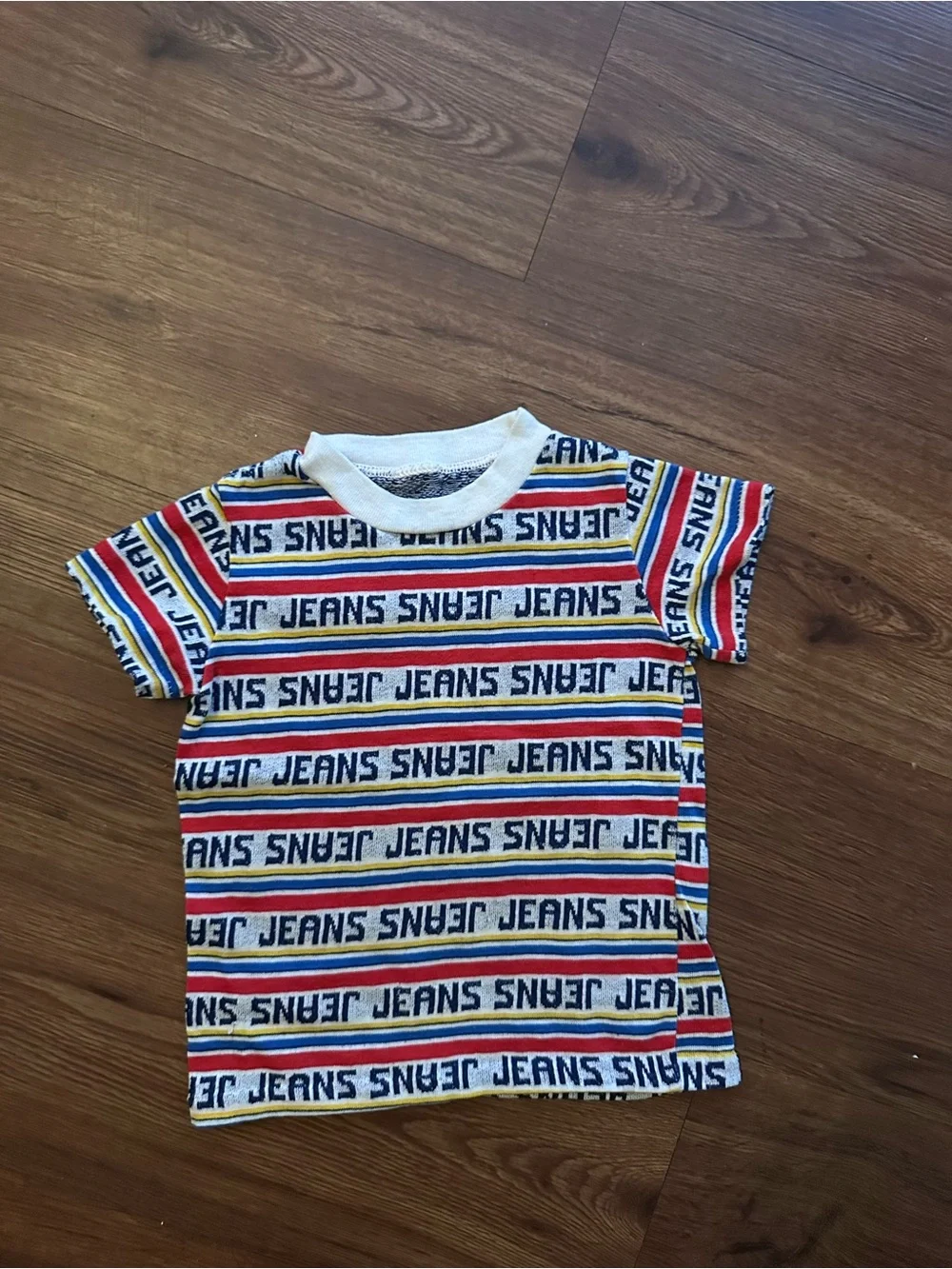 Vintage Striped 'JEANS' Logo Tee - Red, Blue, Yellow & White